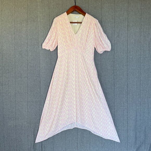 Club Monaco Pink Cream Check Print Puff Sleeve Shark Bite Hem Midi Dress Size 12 - Picture 1 of 16